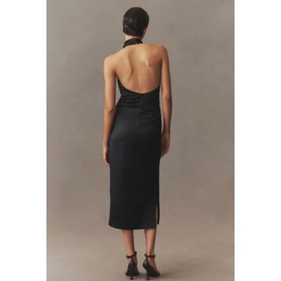 BHLDN Dress XL Holly Halter Stretch Satin Midi Black Slip Formal Party Wedding - Picture 4 of 14